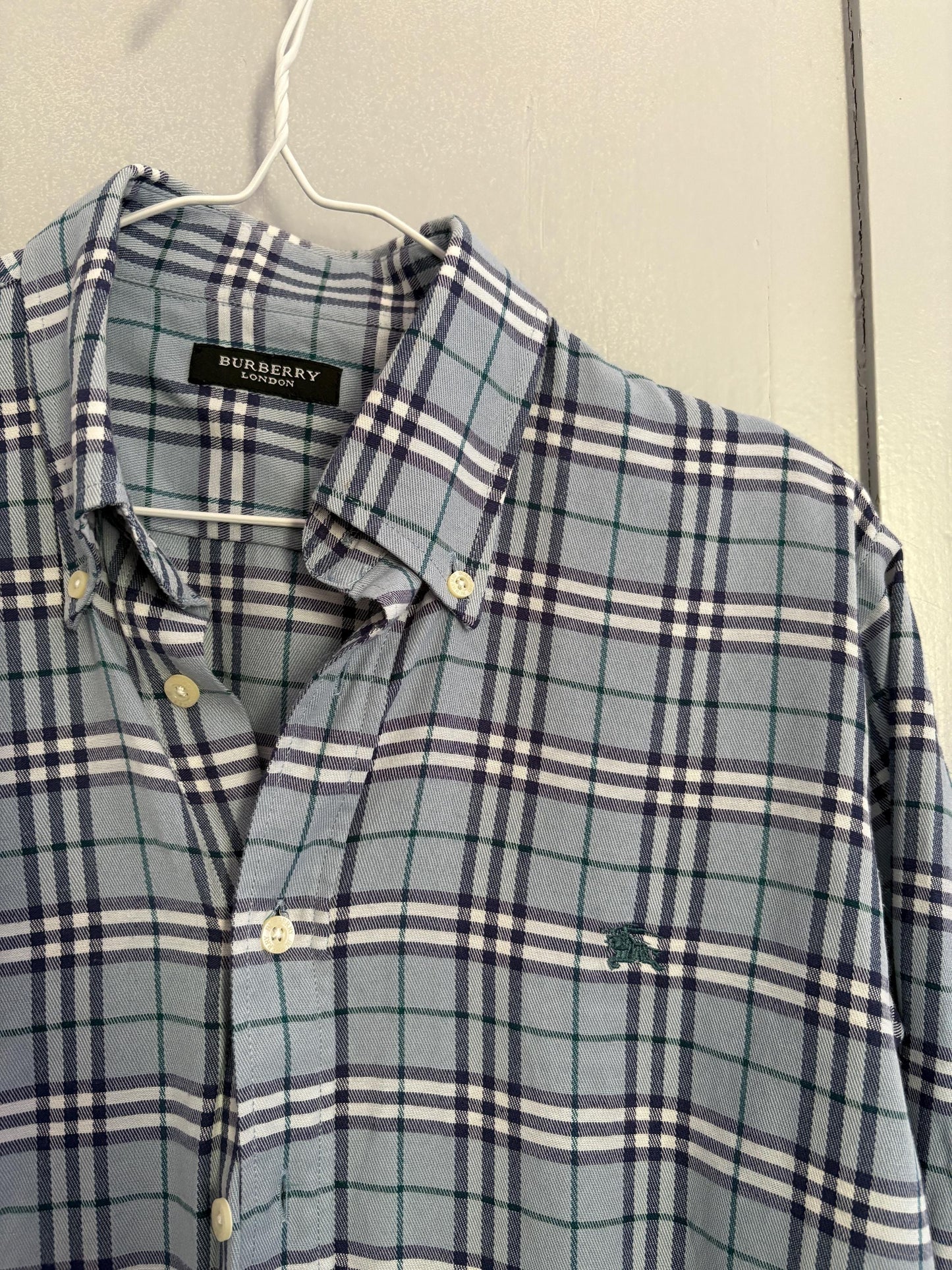 Vintage BURBERRY London blue and white plaid men blouse, Oxford designer shirt, Boxy fit, Classic formal shirt, Checkered branded wear, M