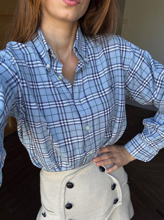 Vintage BURBERRY London blue and white plaid men blouse, Oxford designer shirt, Boxy fit, Classic formal shirt, Checkered branded wear, M