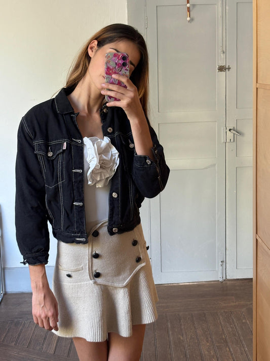 Vintage 1990s Rio Grande Black Puffer Denim Jacket Lined Bomber Fall Outerwear Size Small