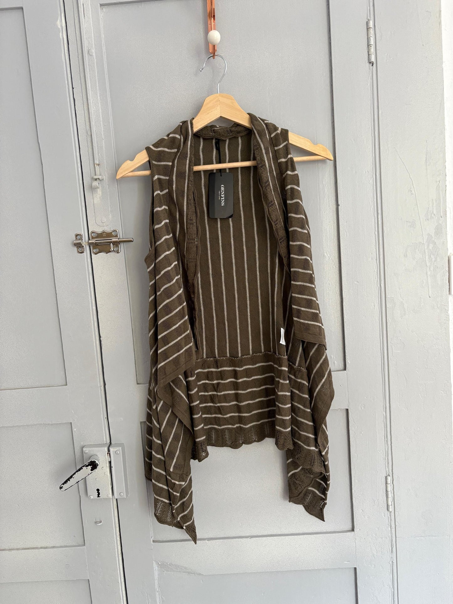 Vintage striped bolero, Elegant Women gilet, Sleeveless vest, formal waistcoat, Designer wear, Genfins moss green and white earthy cardigan