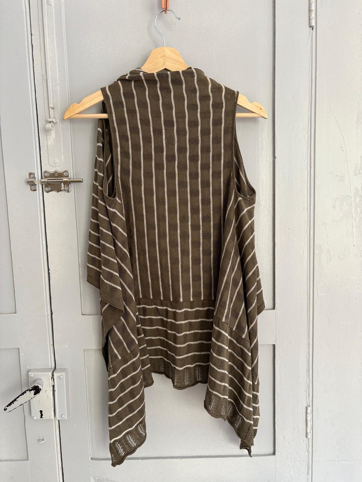 Vintage striped bolero, Elegant Women gilet, Sleeveless vest, formal waistcoat, Designer wear, Genfins moss green and white earthy cardigan