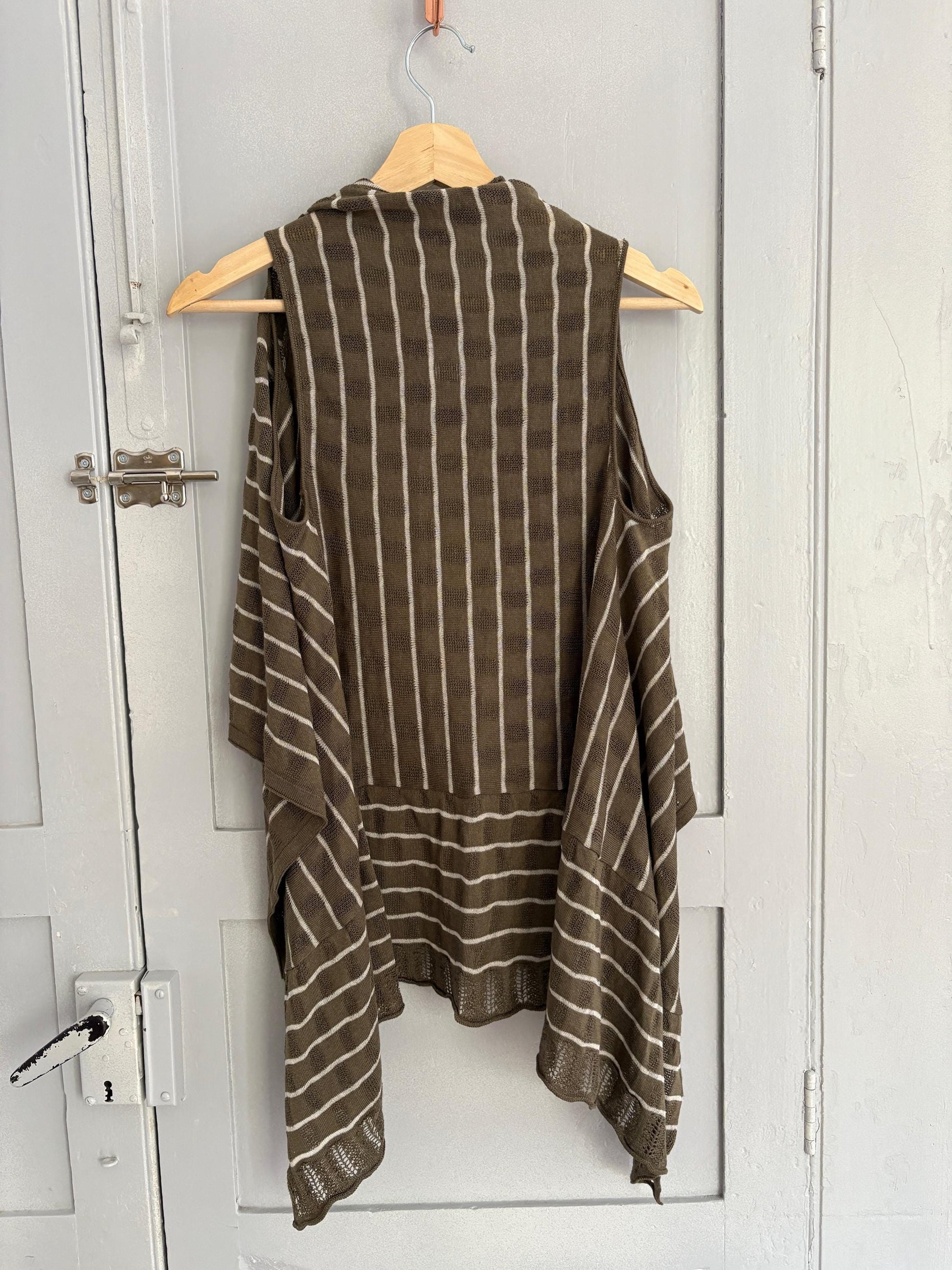 Vintage striped bolero, Elegant Women gilet, Sleeveless vest, formal waistcoat, Designer wear, Genfins moss green and white earthy cardigan