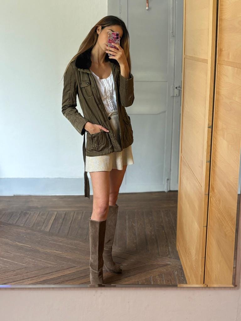 Laurèl moss green parka, Luxury vintage designer wear, Forest outing clothing,