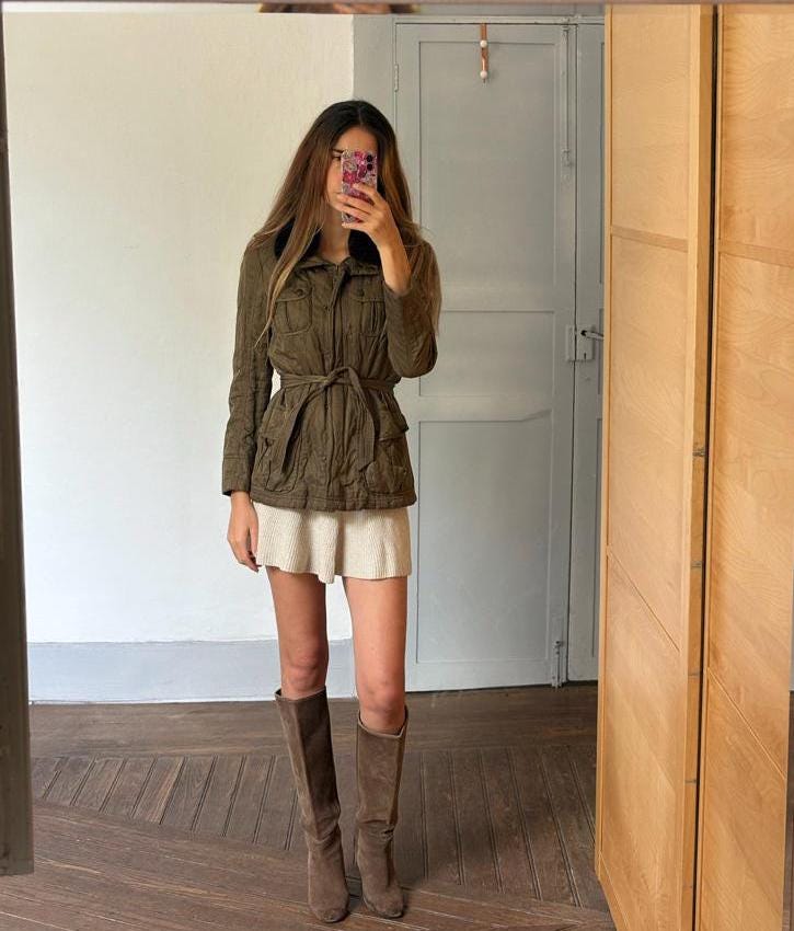 Laurèl moss green parka, Luxury vintage designer wear, Forest outing clothing,