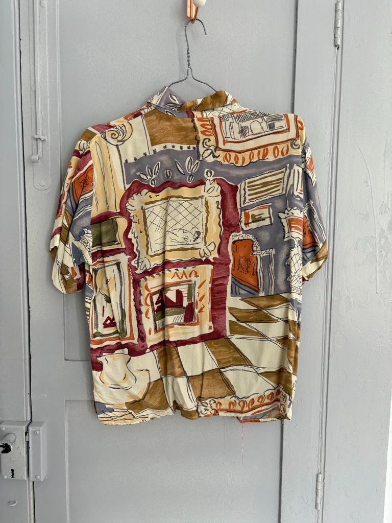 Vintage abstract 80s woman blouse, Retro colourful button up shirt, Cute 70s summer shirt, Dina Ariel Petites