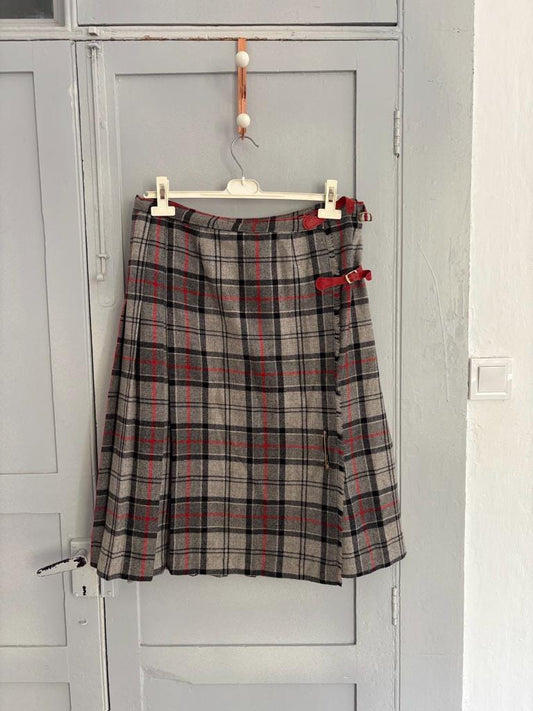 Vintage Wool Pleated Plaid Skirt, High Waisted grey and red Midi Skirt, Retro Tartan A-Line Skirt, Scottish Checkered Skirt for Women, XXL