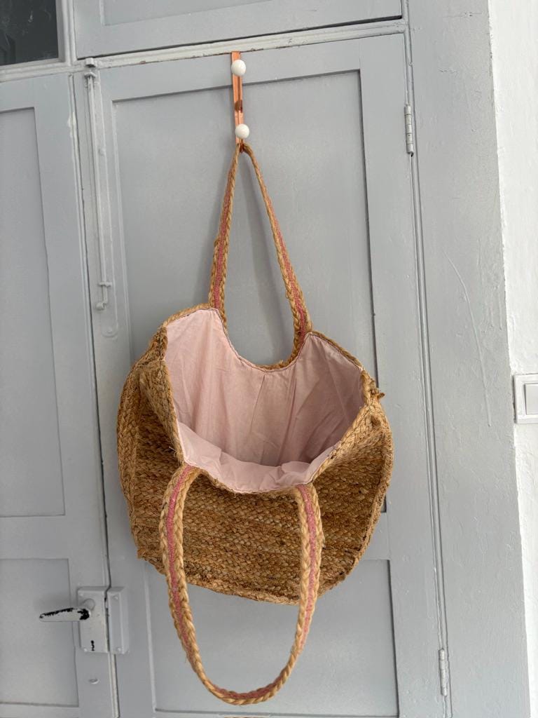 Rattan woven beach bag, Pink and beige large shopper, Market shoulder bag, Luxury beige Sisal woven summer bag, Luxury woman purse