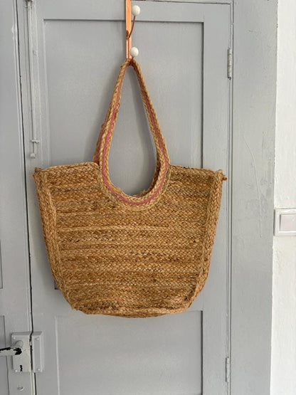Pink Beige Rattan Woven Beach Bag — back view