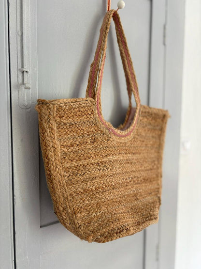 Pink Beige Rattan Woven Beach Bag — fabric close-up