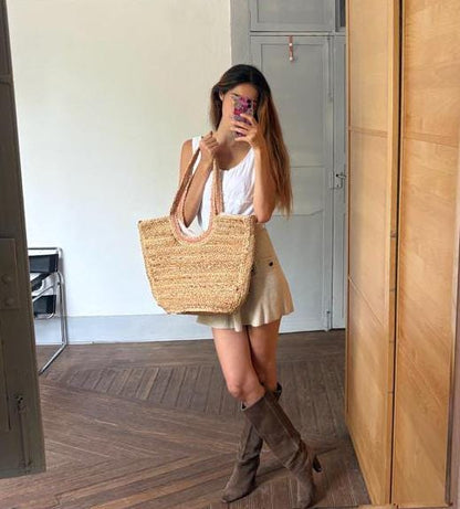 Pink Beige Rattan Woven Beach Bag — additional view 10