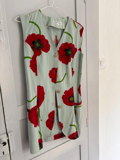 Minimil Vintage Poppy Print Dress, Sleeveless Retro Waistcoat, Blue