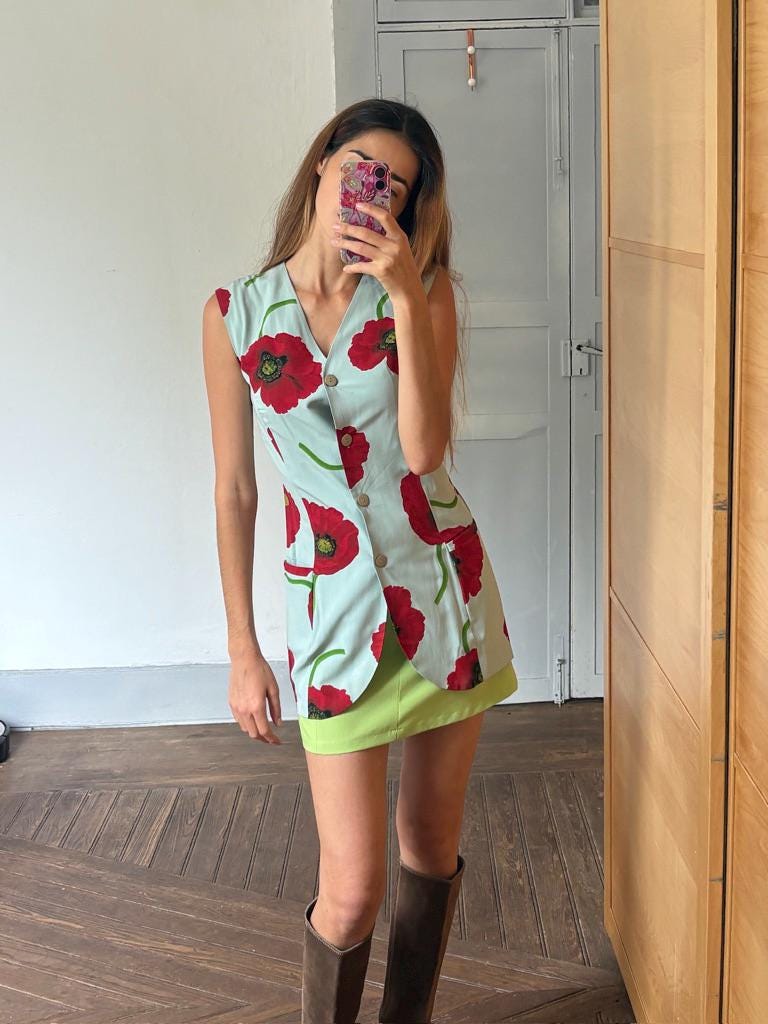 Vintage poppy flower mini dress, Button down tunic, Retro summer gilet, Sleeveless flower print waistcoat, S