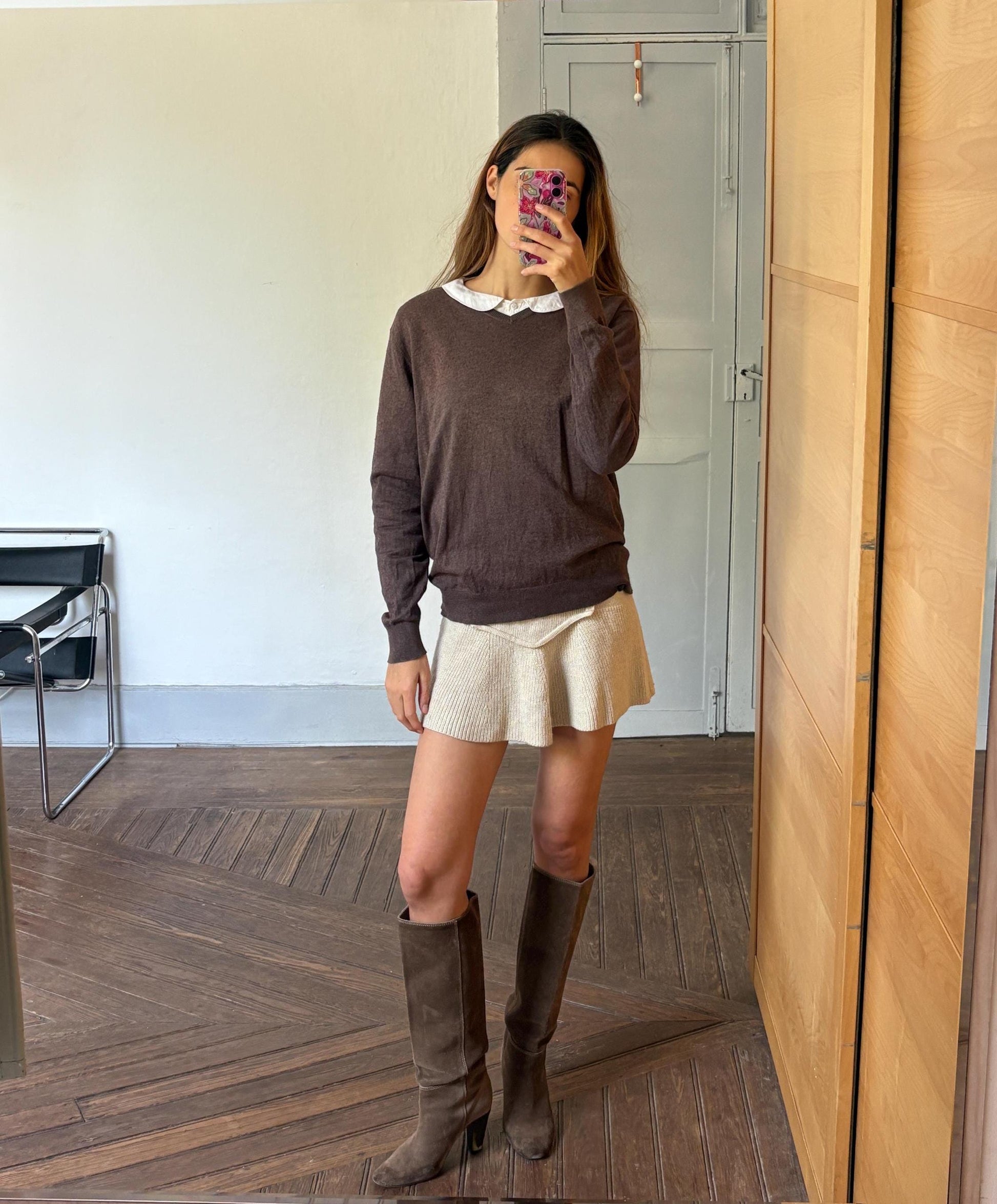 Cotton - Silk - Cashmere brown jumper, Vintage Massimo Dutti dark academia sweater, Luxe v - neck winter wear, Super soft knit shirt