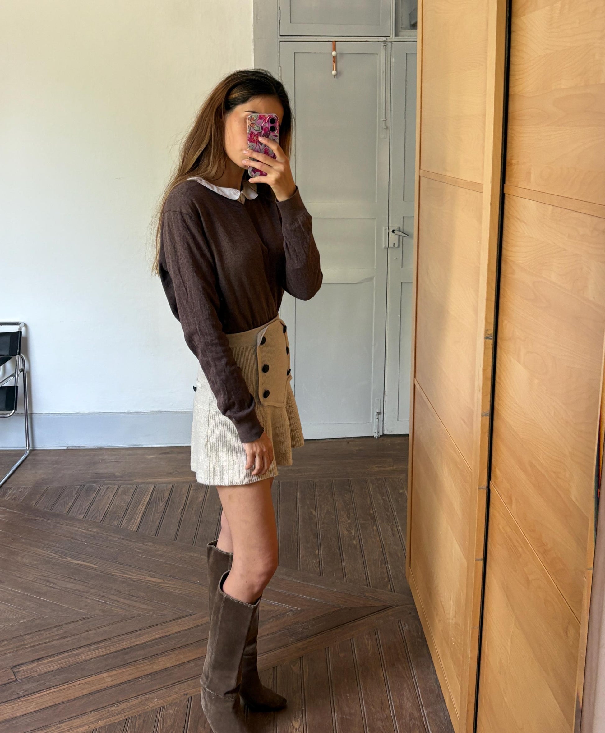 Cotton - Silk - Cashmere brown jumper, Vintage Massimo Dutti dark academia sweater, Luxe v - neck winter wear, Super soft knit shirt