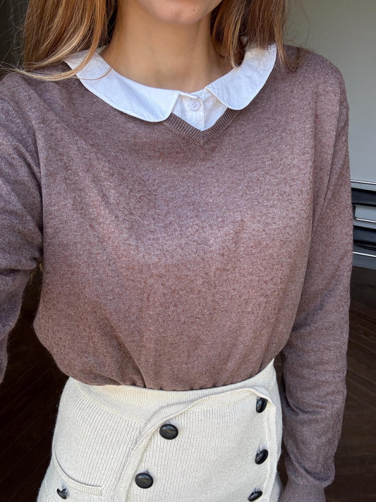 Cotton - Silk - Cashmere brown jumper, Vintage Massimo Dutti dark academia sweater, Luxe v - neck winter wear, Super soft knit shirt