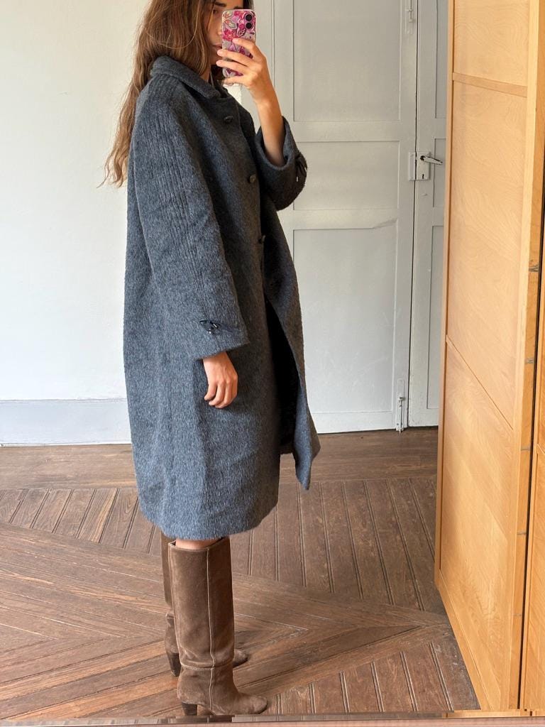 Vintage blue LLama wool coat, Alpaca Women's Long Winter Coat, Merino wool long ciat