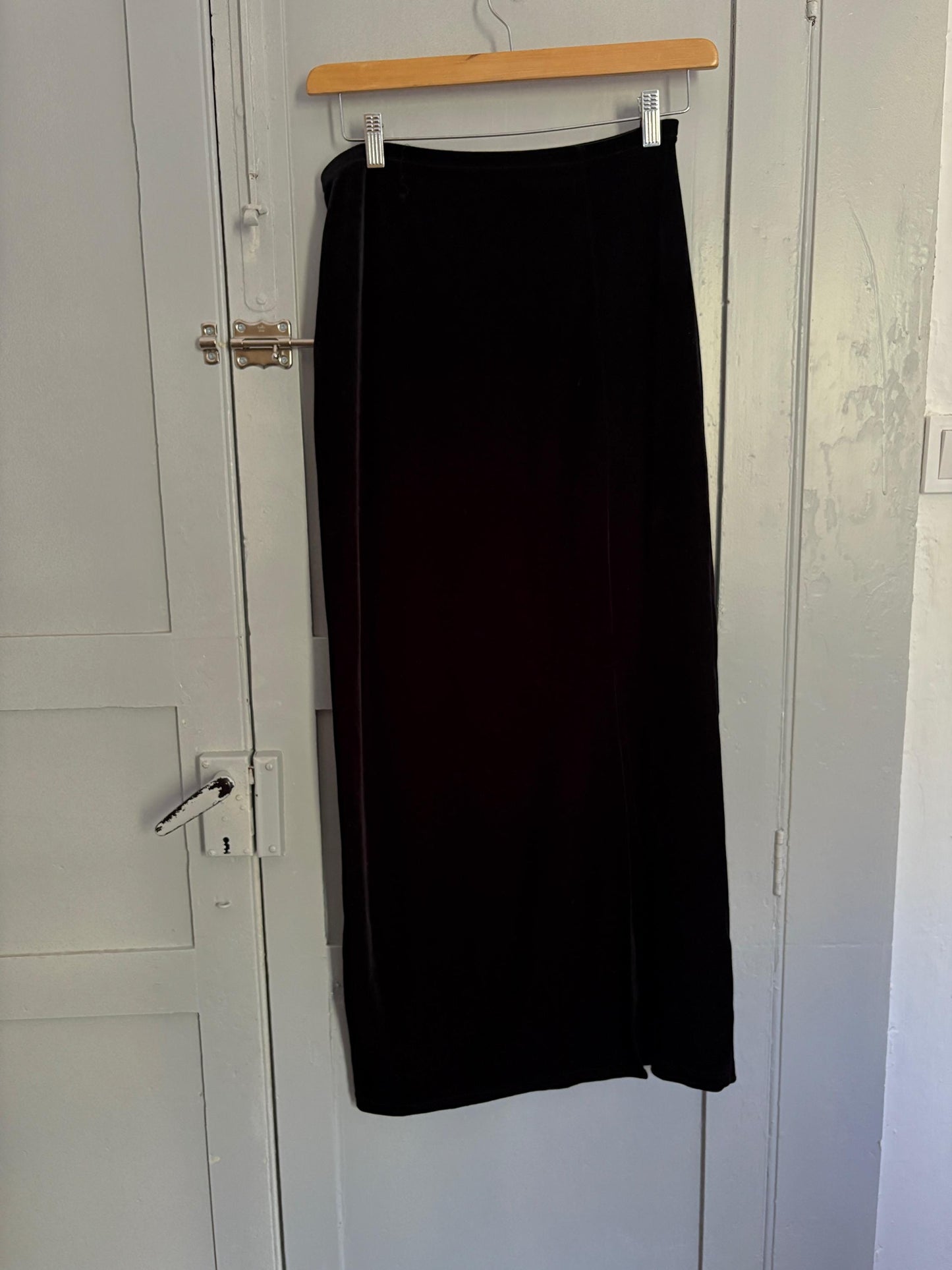 Vintage black velvet maxi skirt with side split, Formal elegant sensual long woman skirt, M