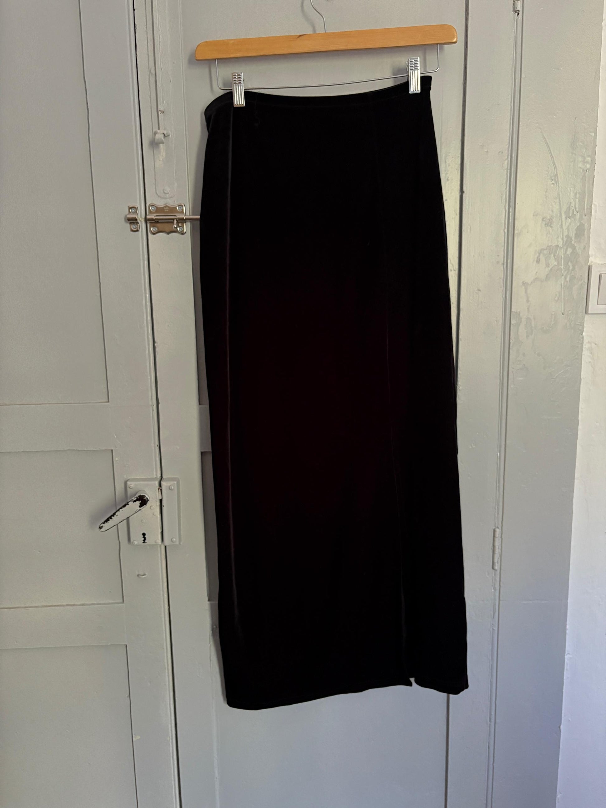 Vintage black velvet maxi skirt with side split, Formal elegant sensual long woman skirt, M