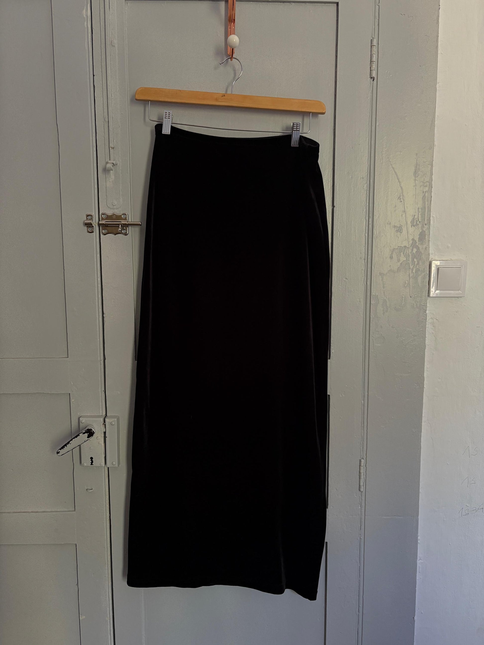 Vintage black velvet maxi skirt with side split, Formal elegant sensual long woman skirt, M