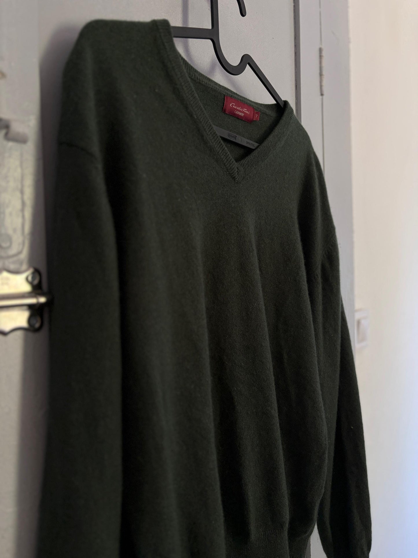 Vintage Cashmere dark green jumper by Emidio Tucci, Designer dark academia sweater, Luxe v-neck winter wear, Super soft knit shirt, Size XL