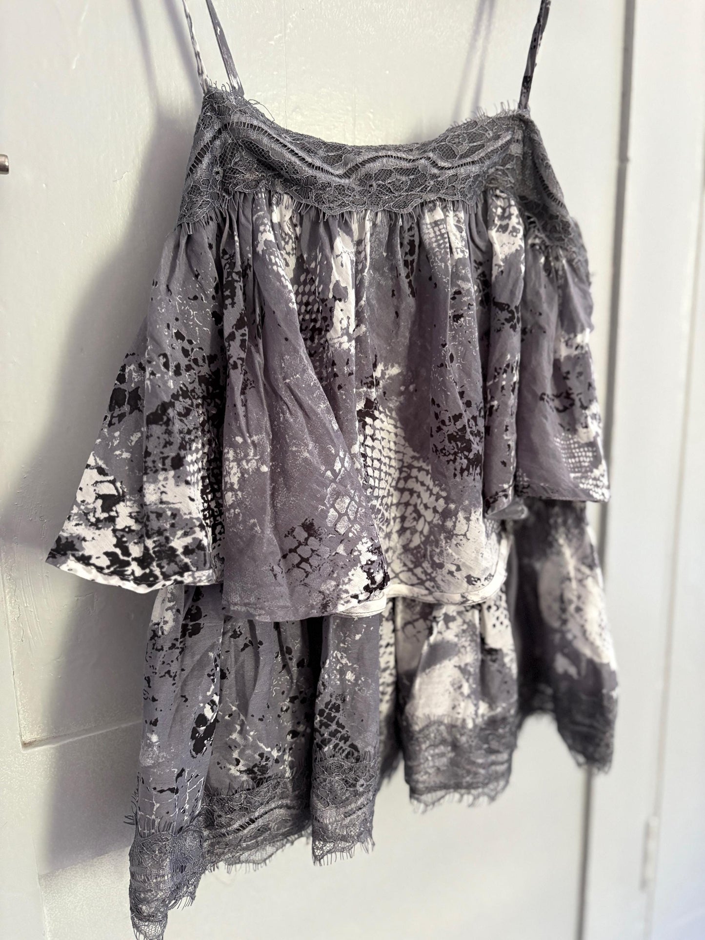 Silk and cotton crop peplum top, Playful grey spaghetti brand camisole, Lace Boho Chic summer shirt, S
