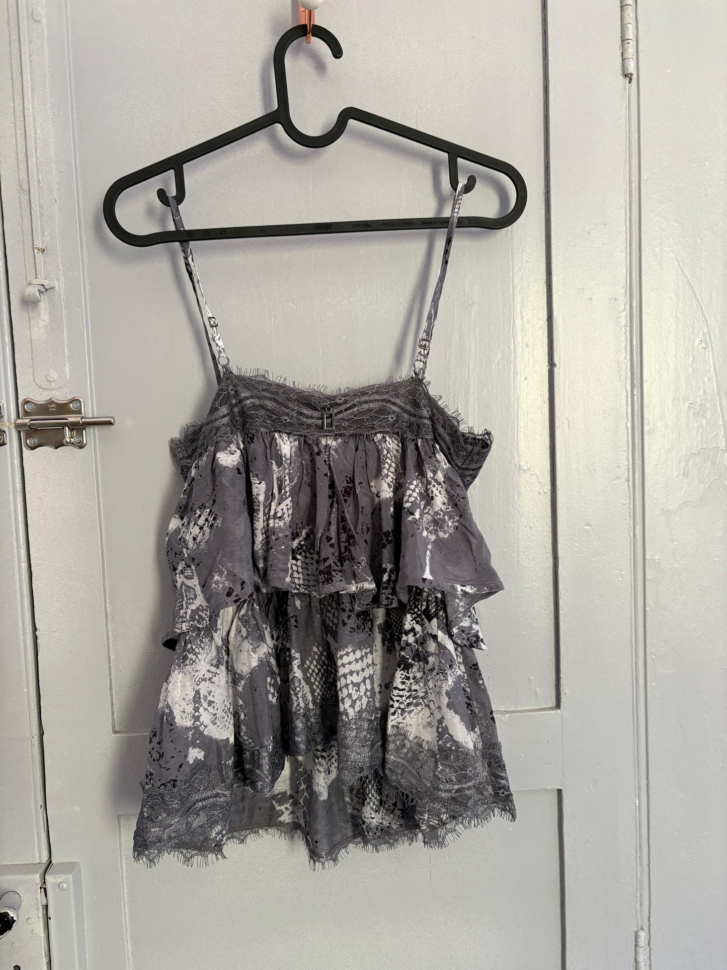 Silk and cotton crop peplum top, Playful grey spaghetti brand camisole, Lace Boho Chic summer shirt, S