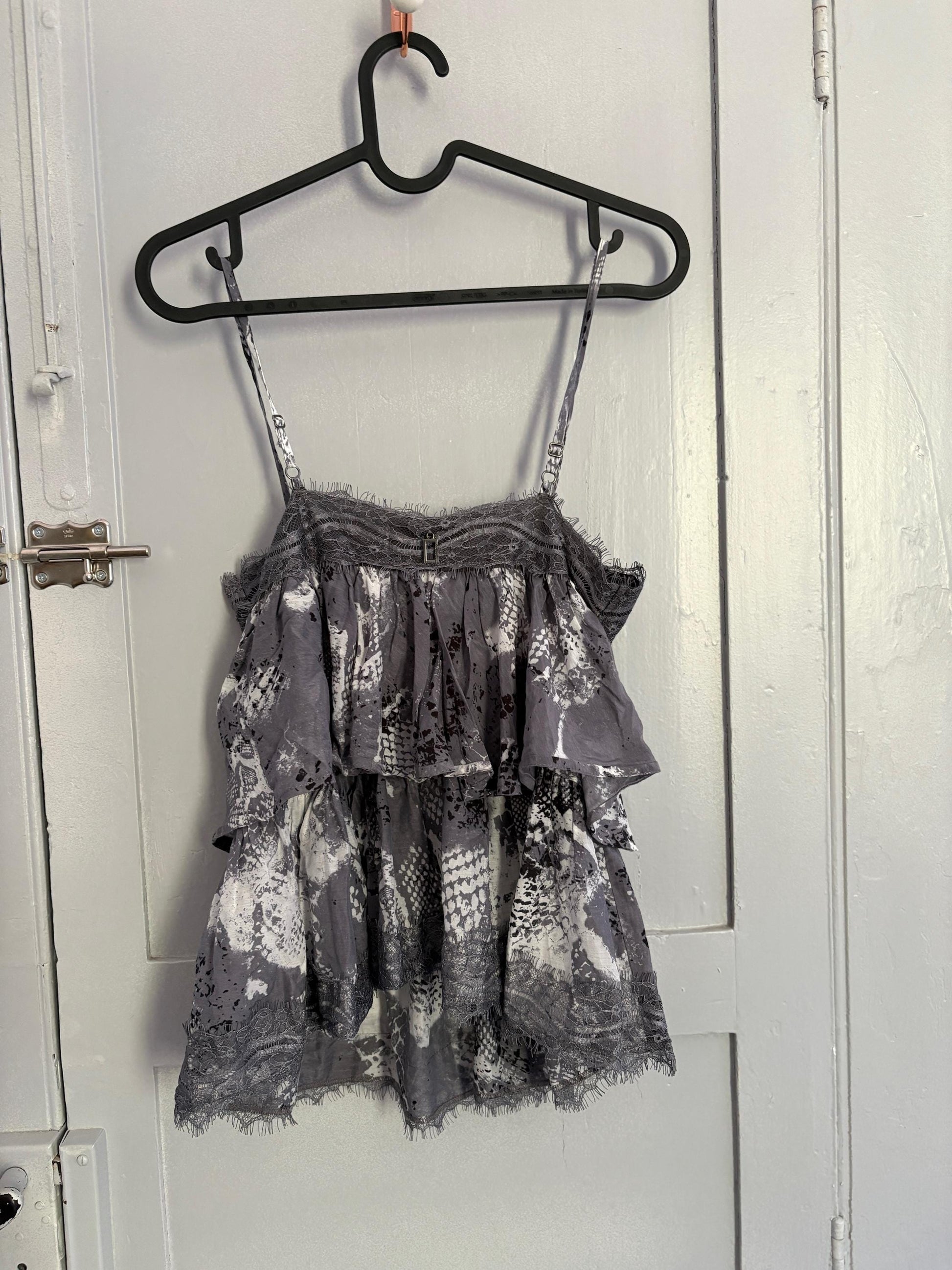 Silk and cotton crop peplum top, Playful grey spaghetti brand camisole, Lace Boho Chic summer shirt, S