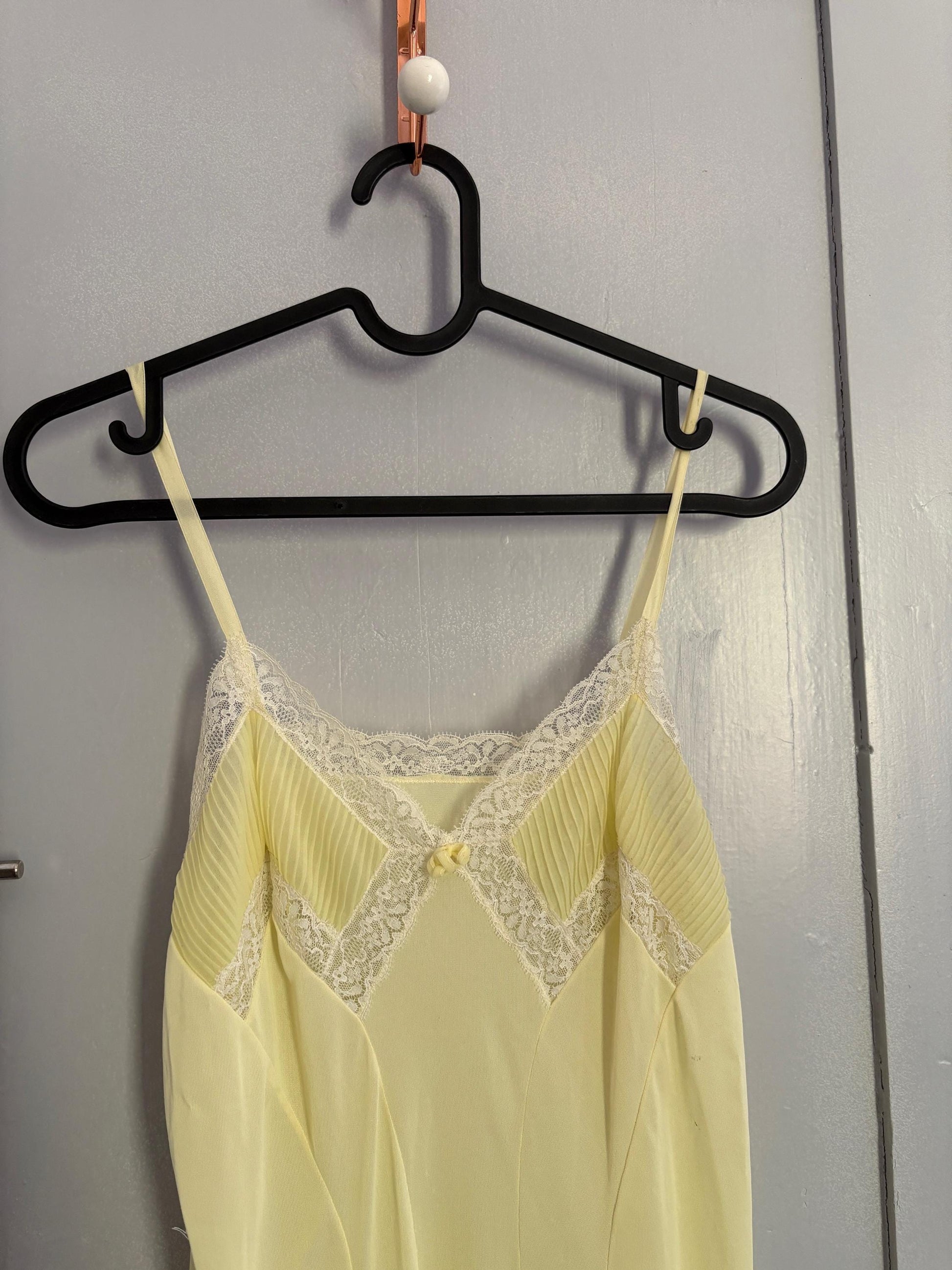 Vintage Sheer Yellow Lingerie Slip Dress – Pastel Dreamy Nightgown with Lace Detail