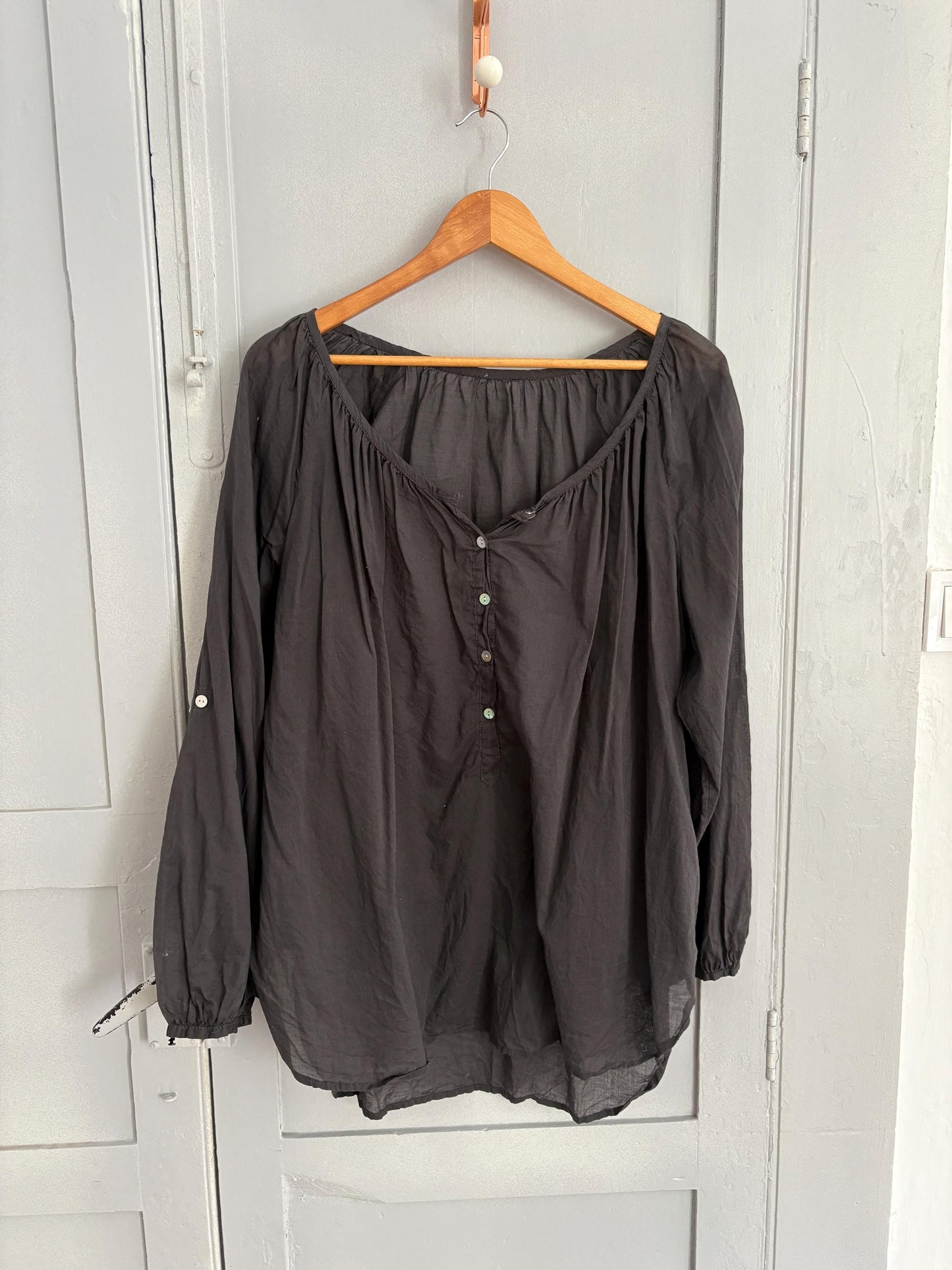 Grey sheer blouse, See through summer shirt with mother of pearl buttons, open neckline romantic holiday wear, US L, street style