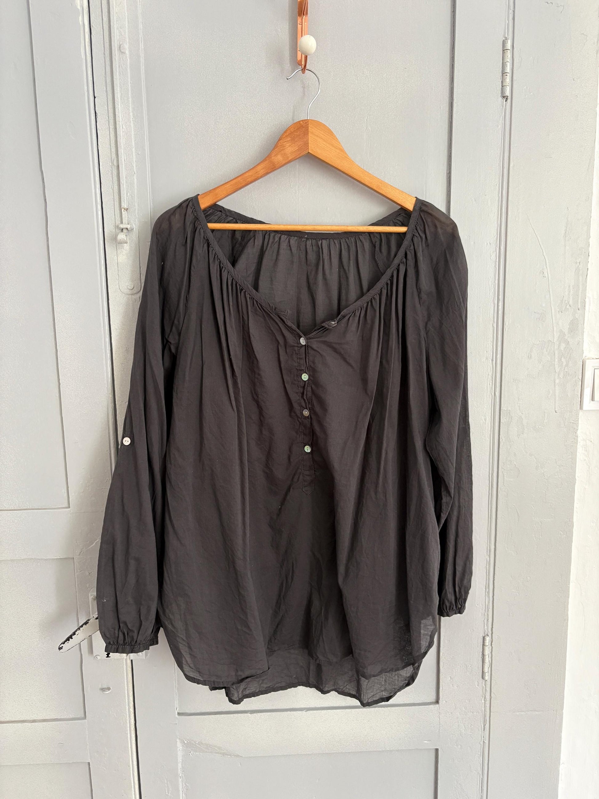 Grey sheer blouse, See through summer shirt with mother of pearl buttons, open neckline romantic holiday wear, US L, street style