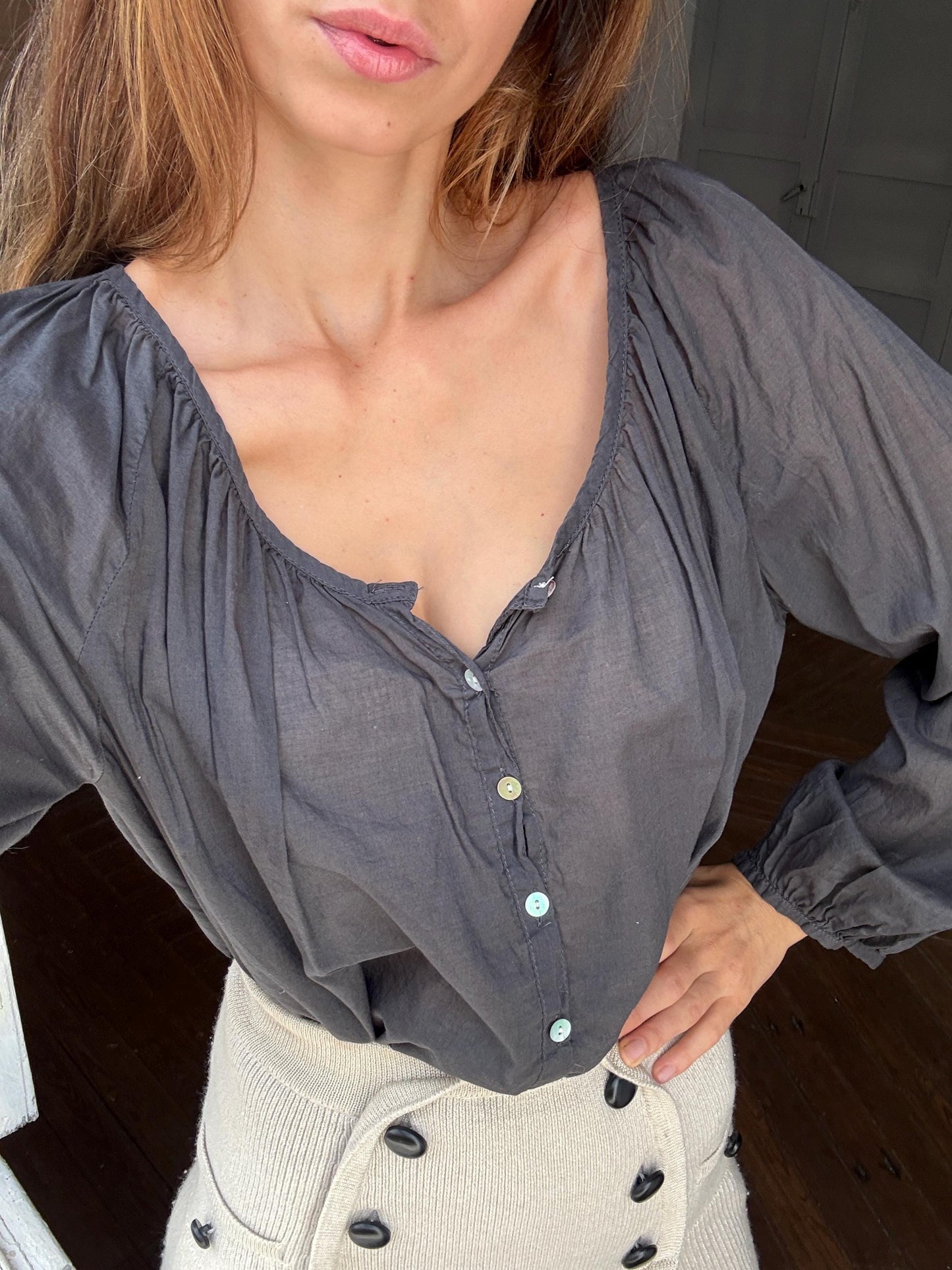 Grey sheer blouse, See through summer shirt with mother of pearl buttons, open neckline romantic holiday wear, US L, street style