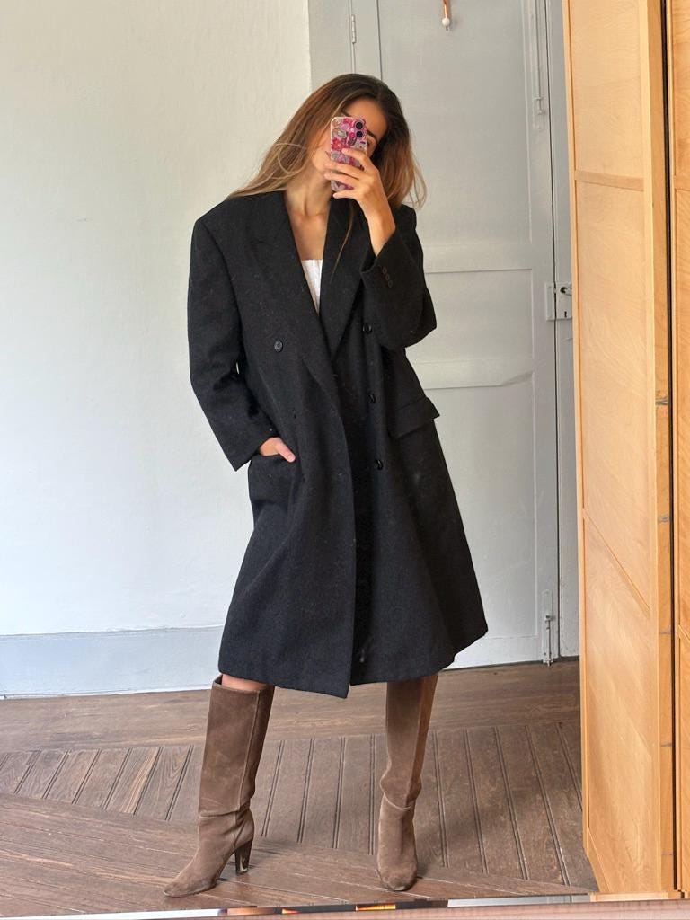 BURBERRY long Dark academia wool overcoat, Oversized winter wool jacket, Charcoal dark grey Elegant boyfriend autumn coat, Grandpa style