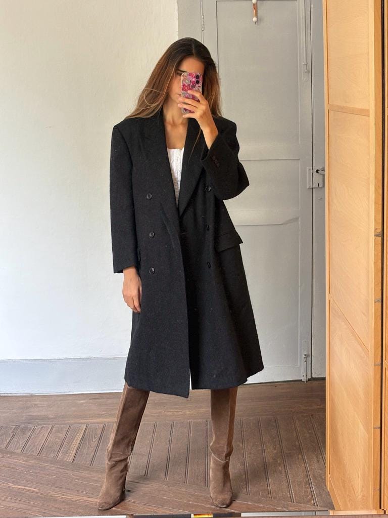 BURBERRY long Dark academia wool overcoat, Oversized winter wool jacket, Charcoal dark grey Elegant boyfriend autumn coat, Grandpa style