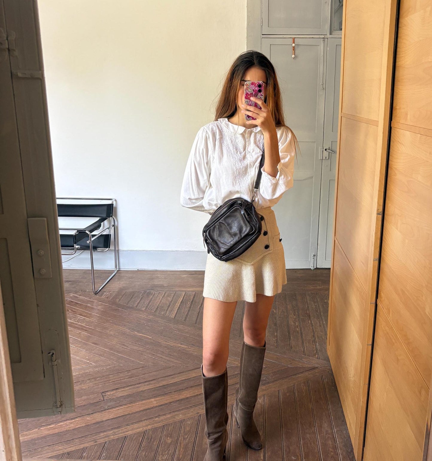 Vintage black crossbody bag, Long adjustable strap shoulder bag, Several compartment purse