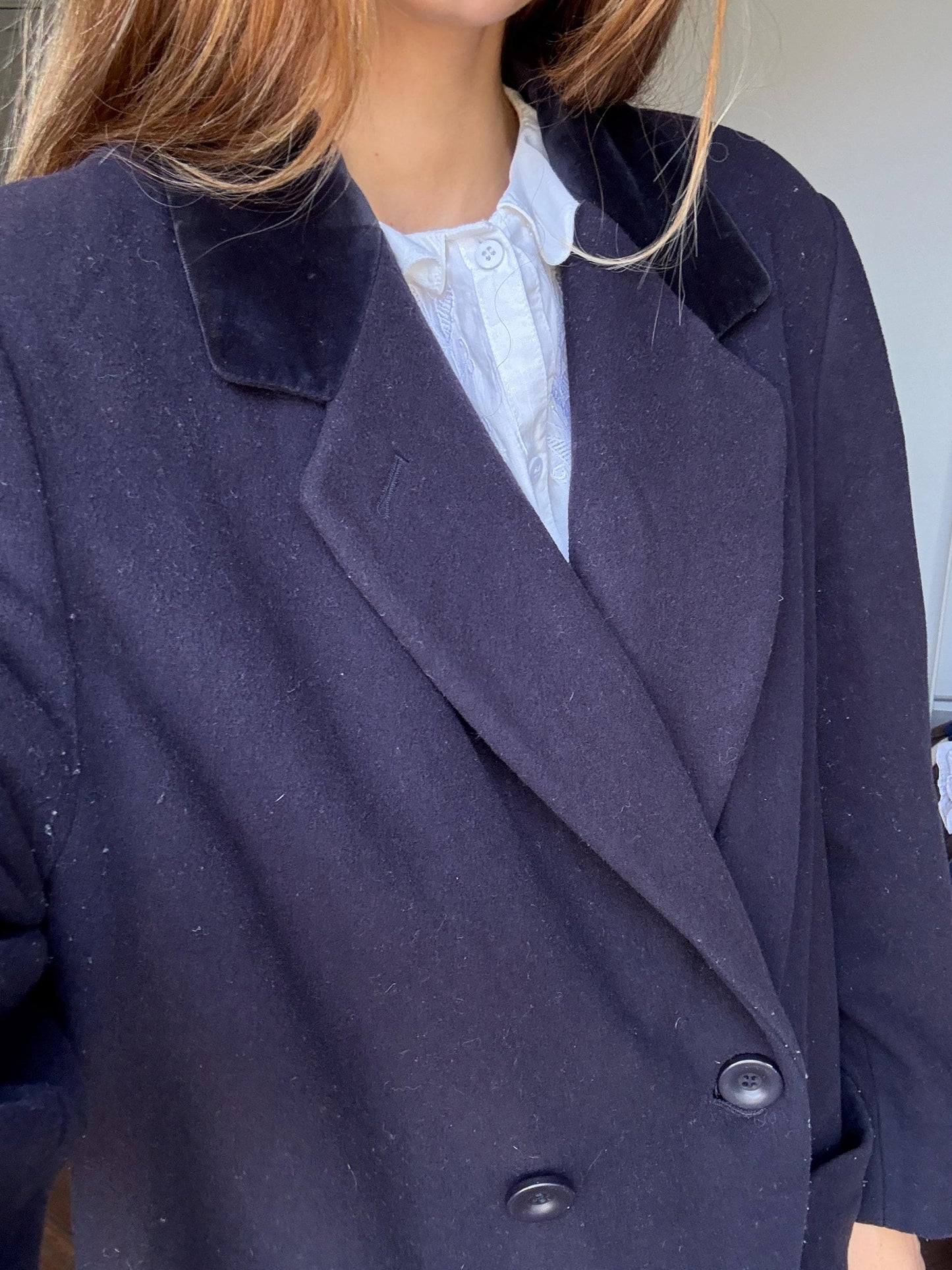 Gorgeous long dark blue wool woman coat, Elegant classic virgin wool duster, French fashion aesthetic, Vintage Gil Bret dark academia duster