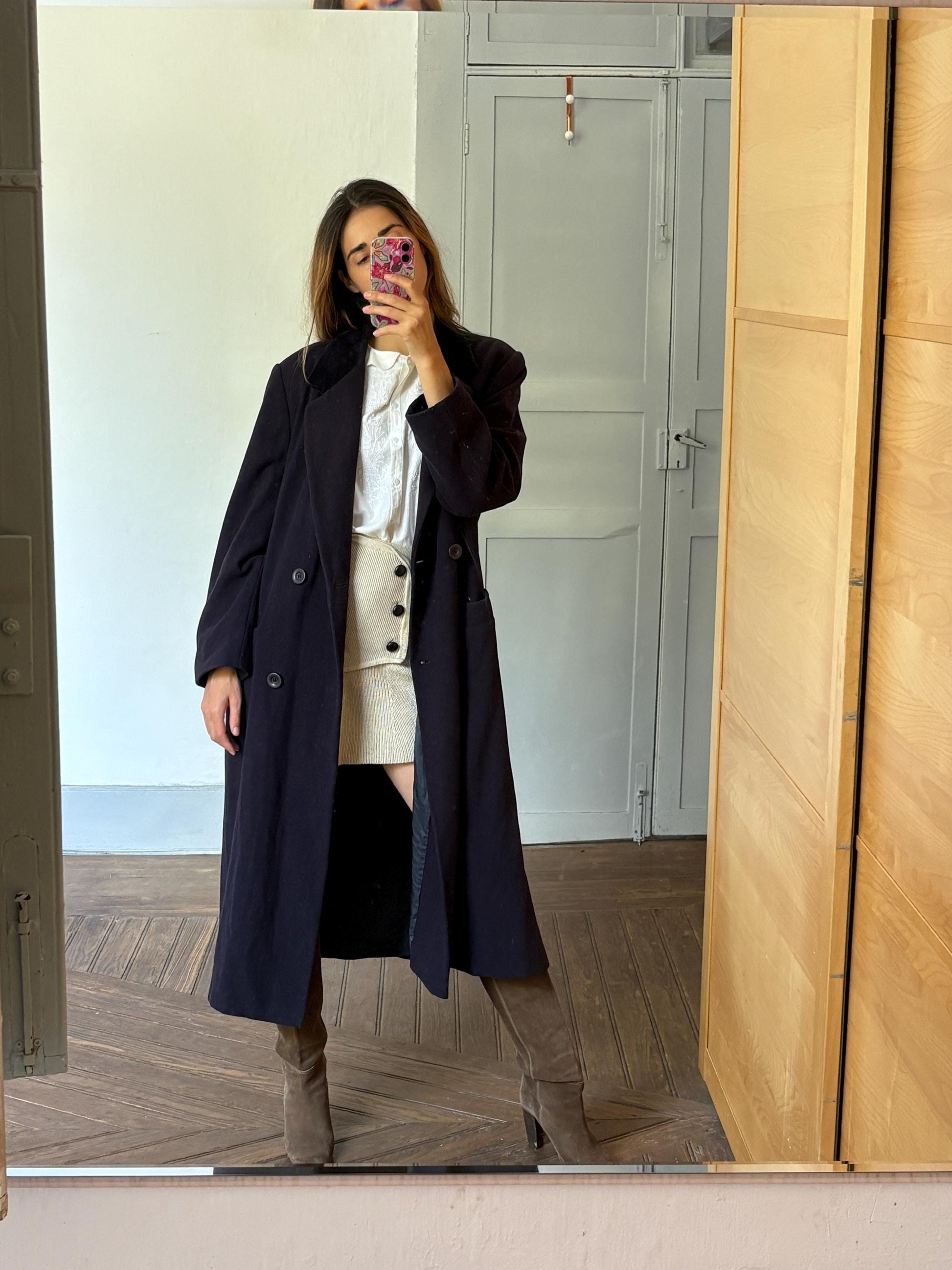 Gorgeous long dark blue wool woman coat, Elegant classic virgin wool duster, French fashion aesthetic, Vintage Gil Bret dark academia duster