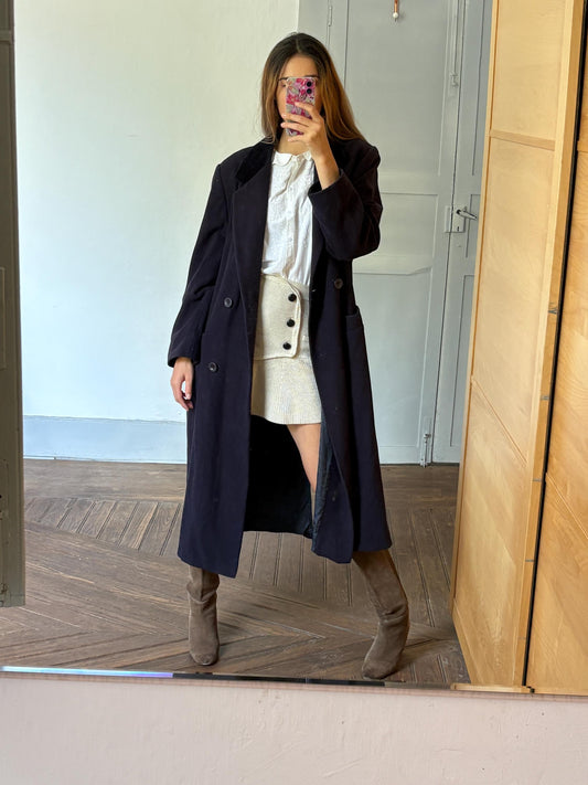 Gorgeous long dark blue wool woman coat, Elegant classic virgin wool duster, French fashion aesthetic, Vintage Gil Bret dark academia duster