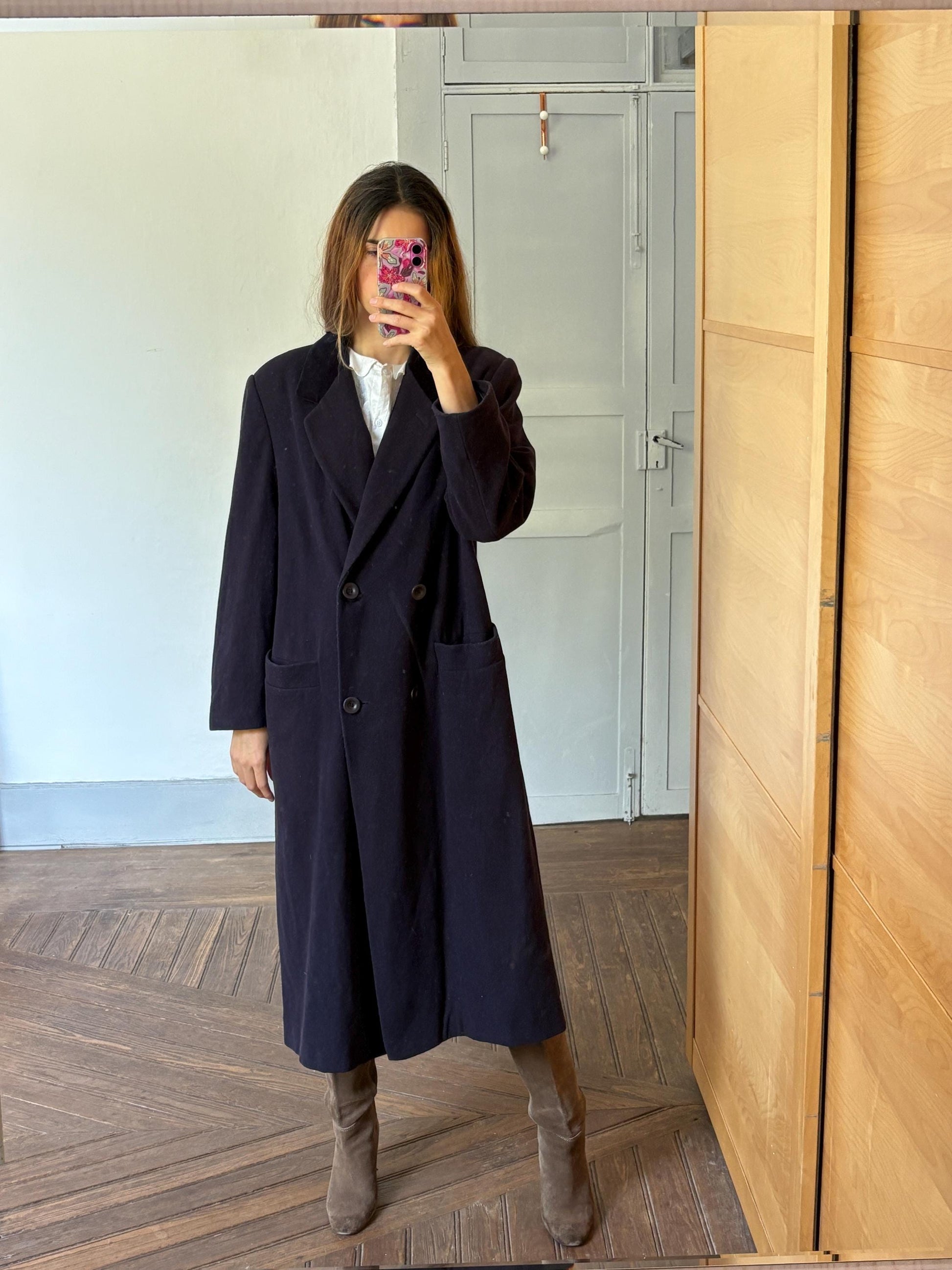 Gorgeous long dark blue wool woman coat, Elegant classic virgin wool duster, French fashion aesthetic, Vintage Gil Bret dark academia duster