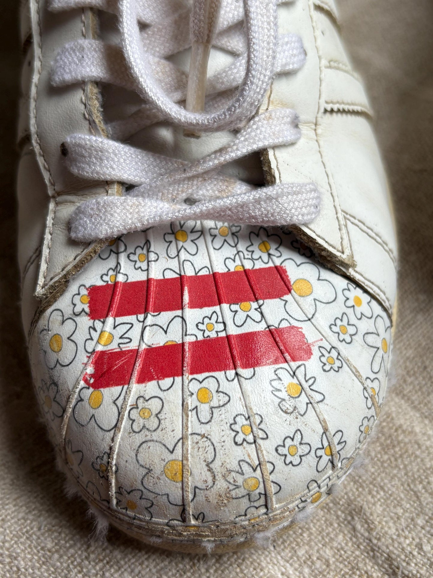 Vintage Adidas x Pharrell Williams sneakers, Flower printed sport shoes, Red - orange - yellow and white leather trainers, Size 44 - USA 10