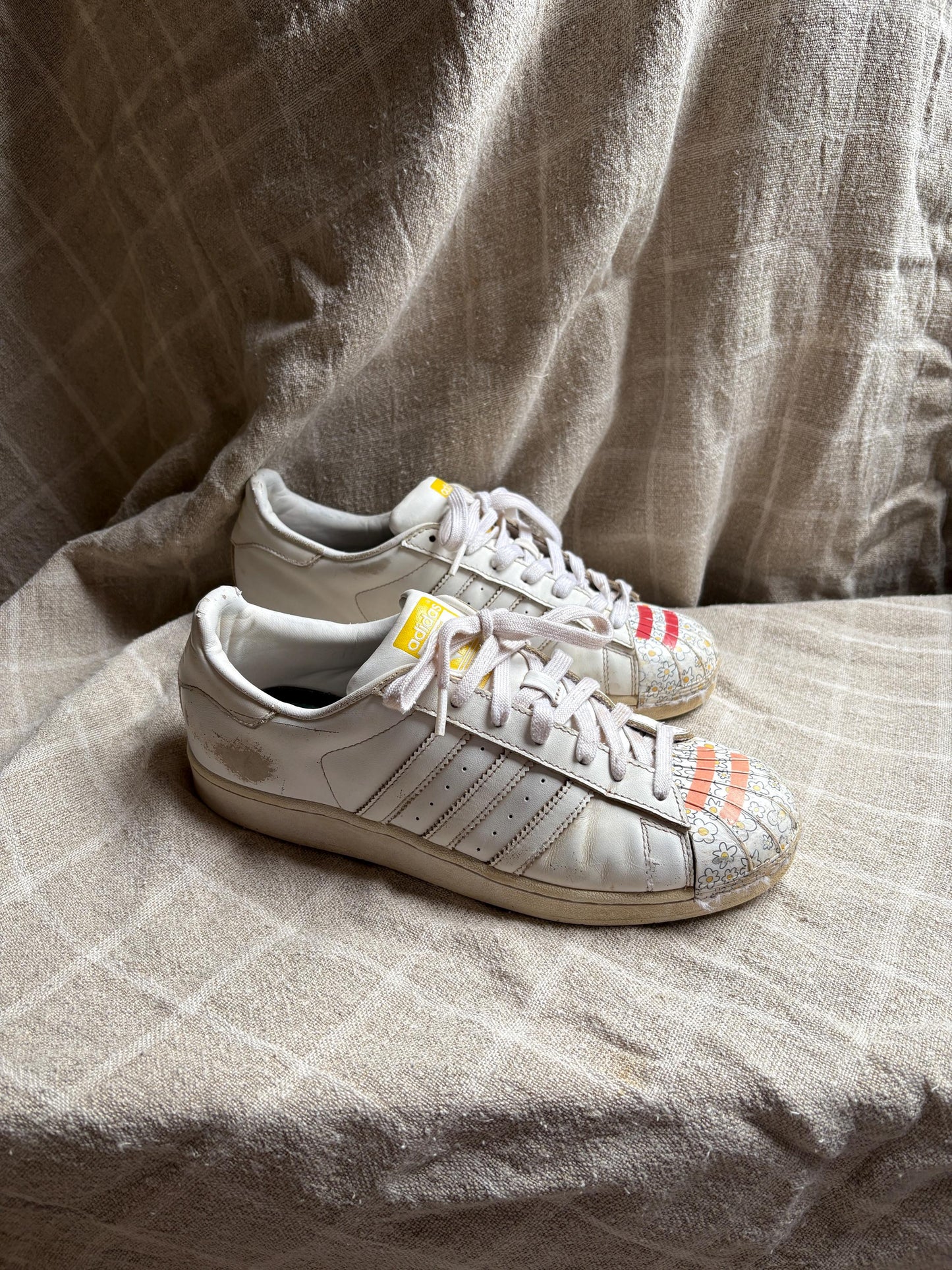 Vintage Adidas x Pharrell Williams sneakers, Flower printed sport shoes, Red - orange - yellow and white leather trainers, Size 44 - USA 10