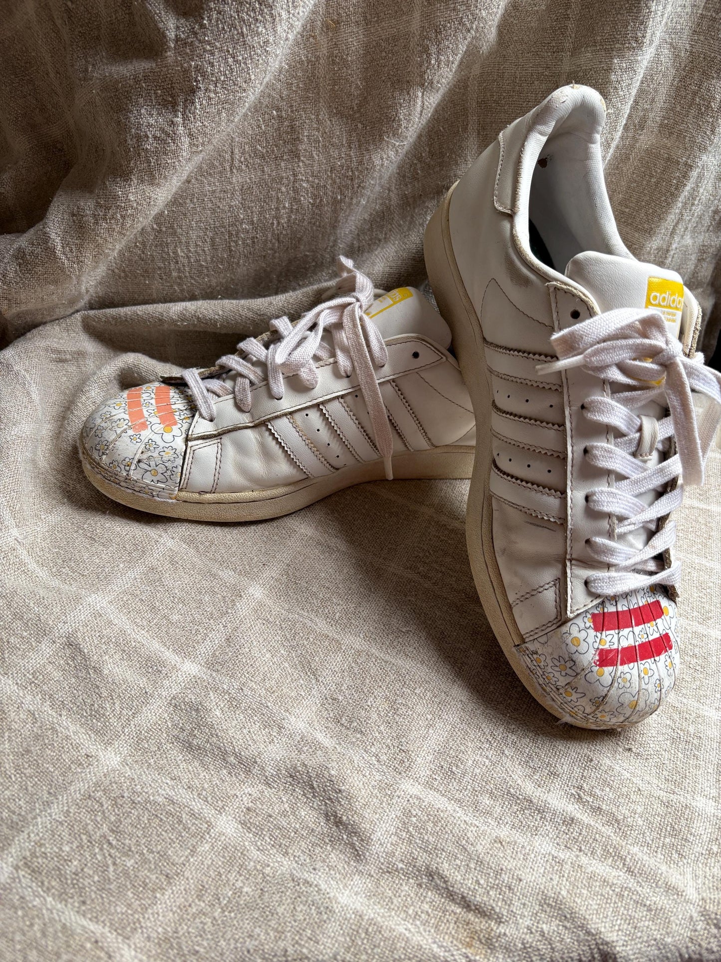 Vintage Adidas x Pharrell Williams sneakers, Flower printed sport shoes, Red - orange - yellow and white leather trainers, Size 44 - USA 10