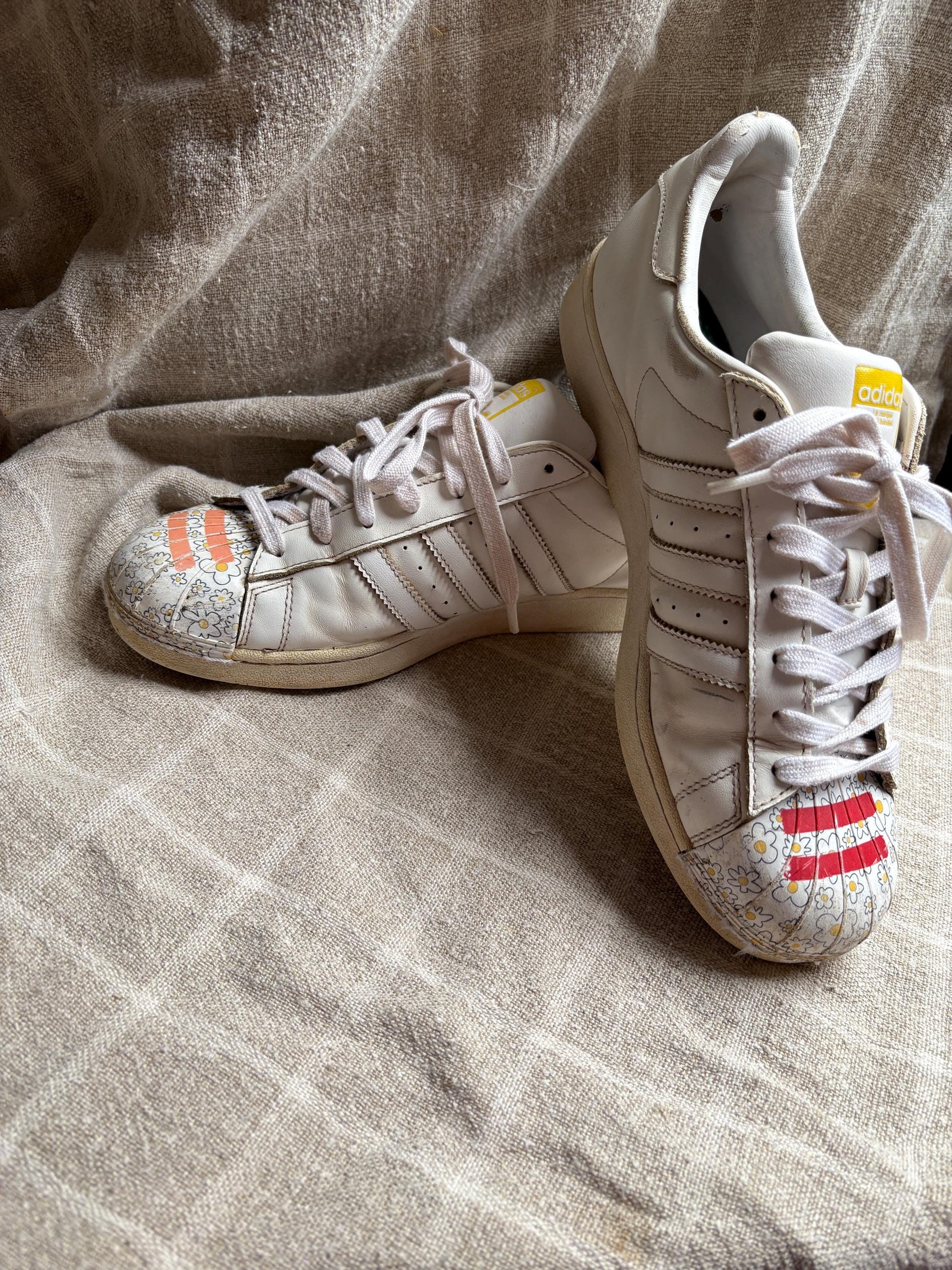 Vintage Adidas x Pharrell Williams sneakers, Flower printed sport shoes, Red - orange - yellow and white leather trainers, Size 44 - USA 10