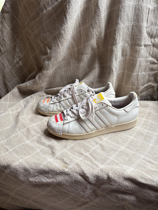 Vintage Adidas x Pharrell Williams sneakers, Flower printed sport shoes, Red - orange - yellow and white leather trainers, Size 44 - USA 10