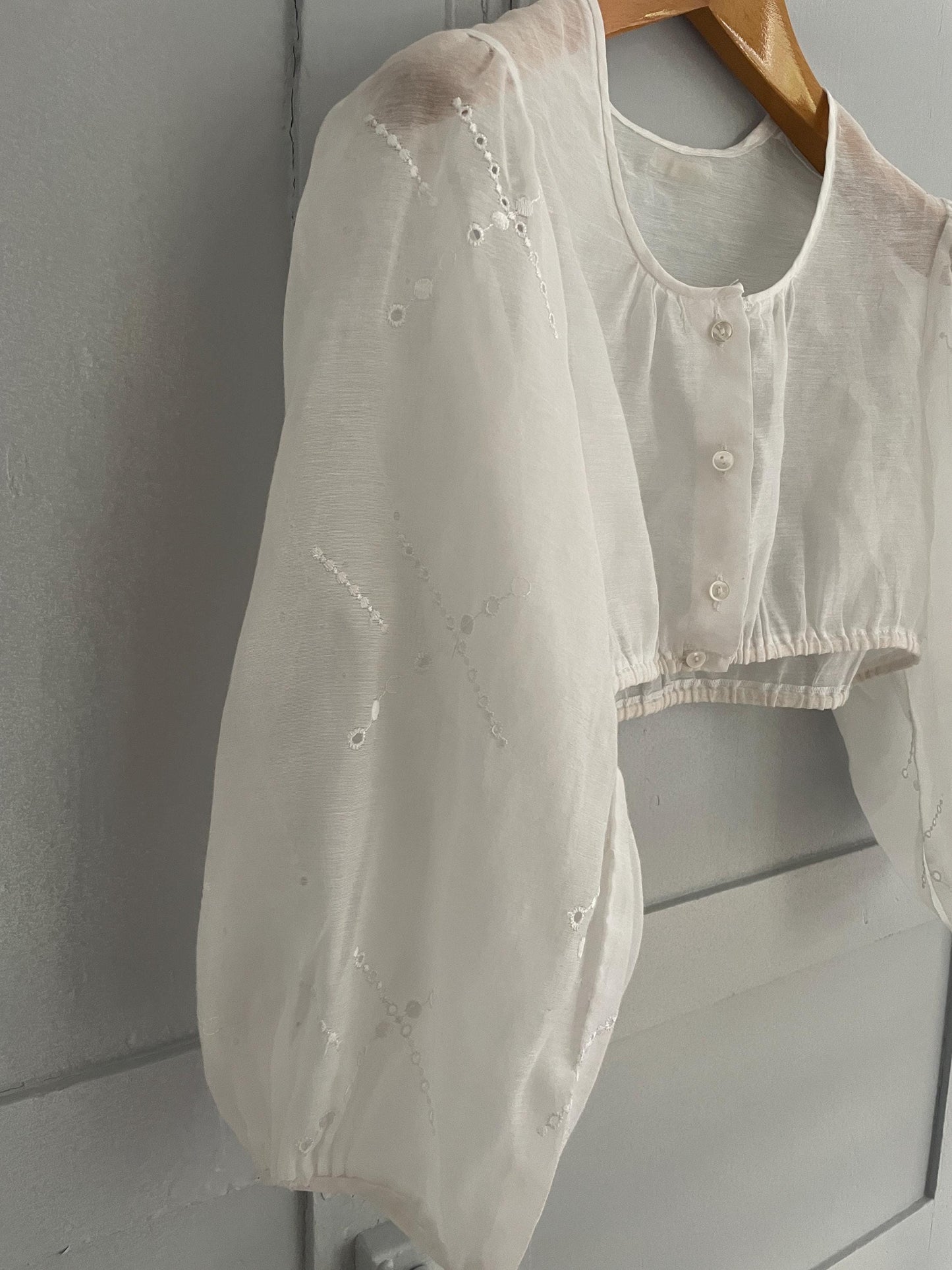 Vintage white romantic see through puff sleeve top, Sheer crop top, Cottage core blouse, Farm girl dirndl style