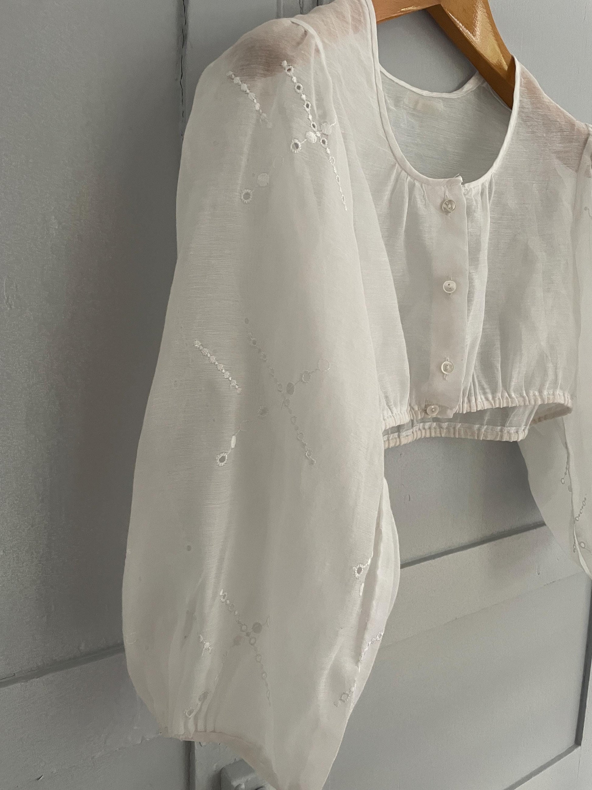 Vintage white romantic see through puff sleeve top, Sheer crop top, Cottage core blouse, Farm girl dirndl style