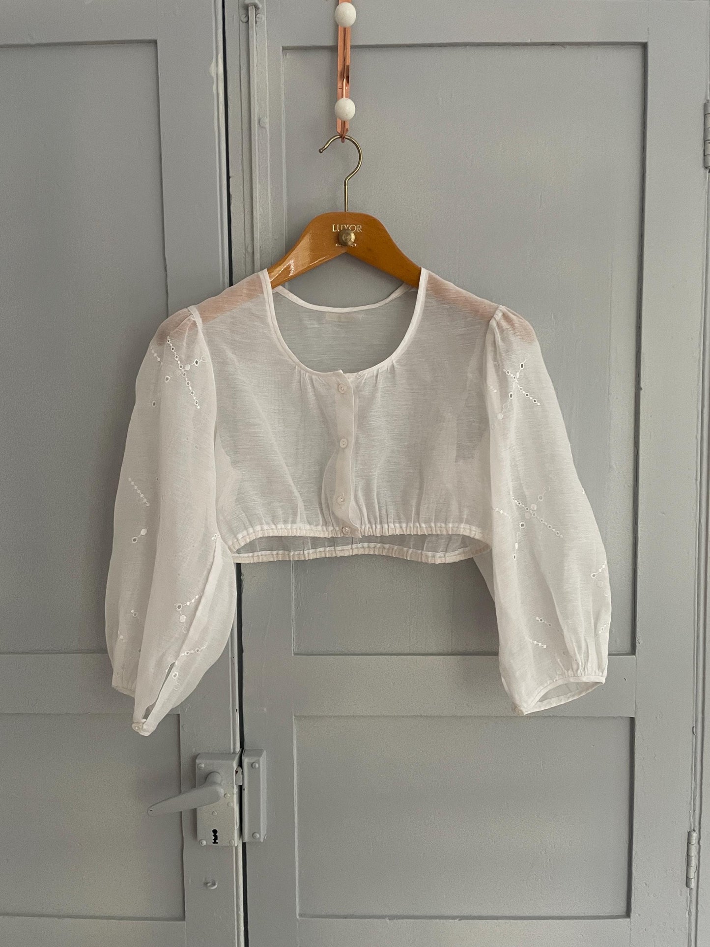 Vintage white romantic see through puff sleeve top, Sheer crop top, Cottage core blouse, Farm girl dirndl style