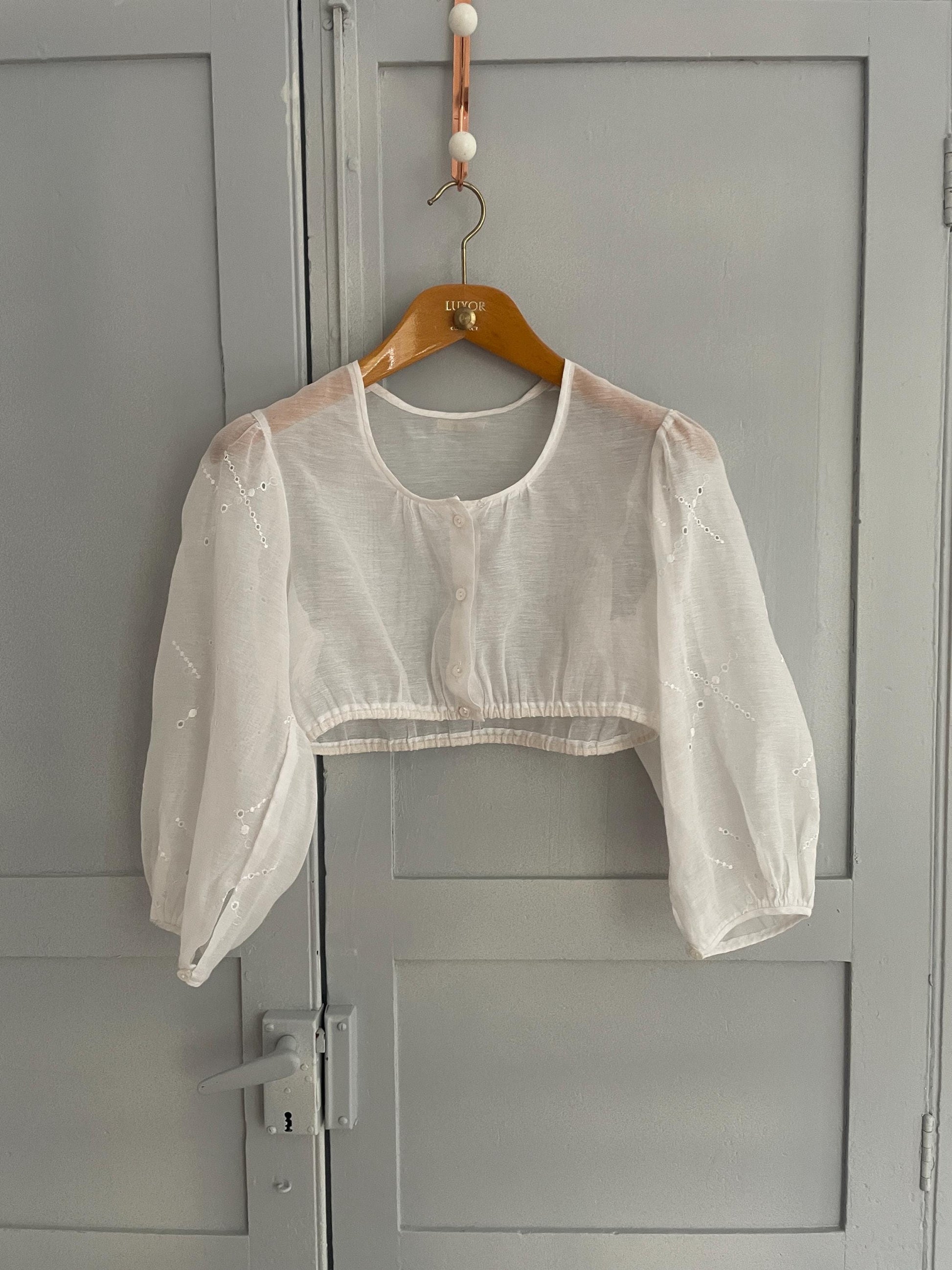 Vintage white romantic see through puff sleeve top, Sheer crop top, Cottage core blouse, Farm girl dirndl style