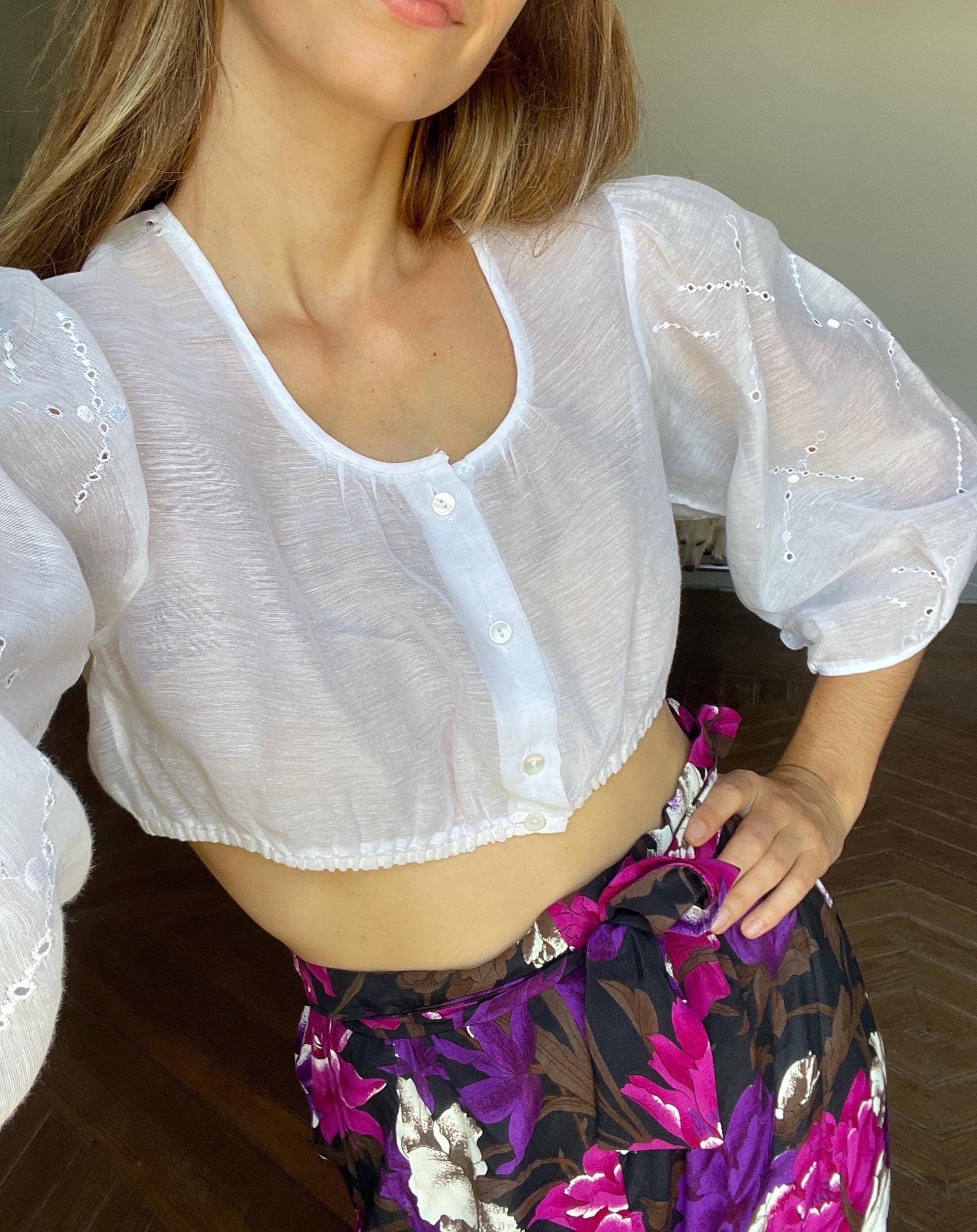 Vintage white romantic see through puff sleeve top, Sheer crop top, Cottage core blouse, Farm girl dirndl style
