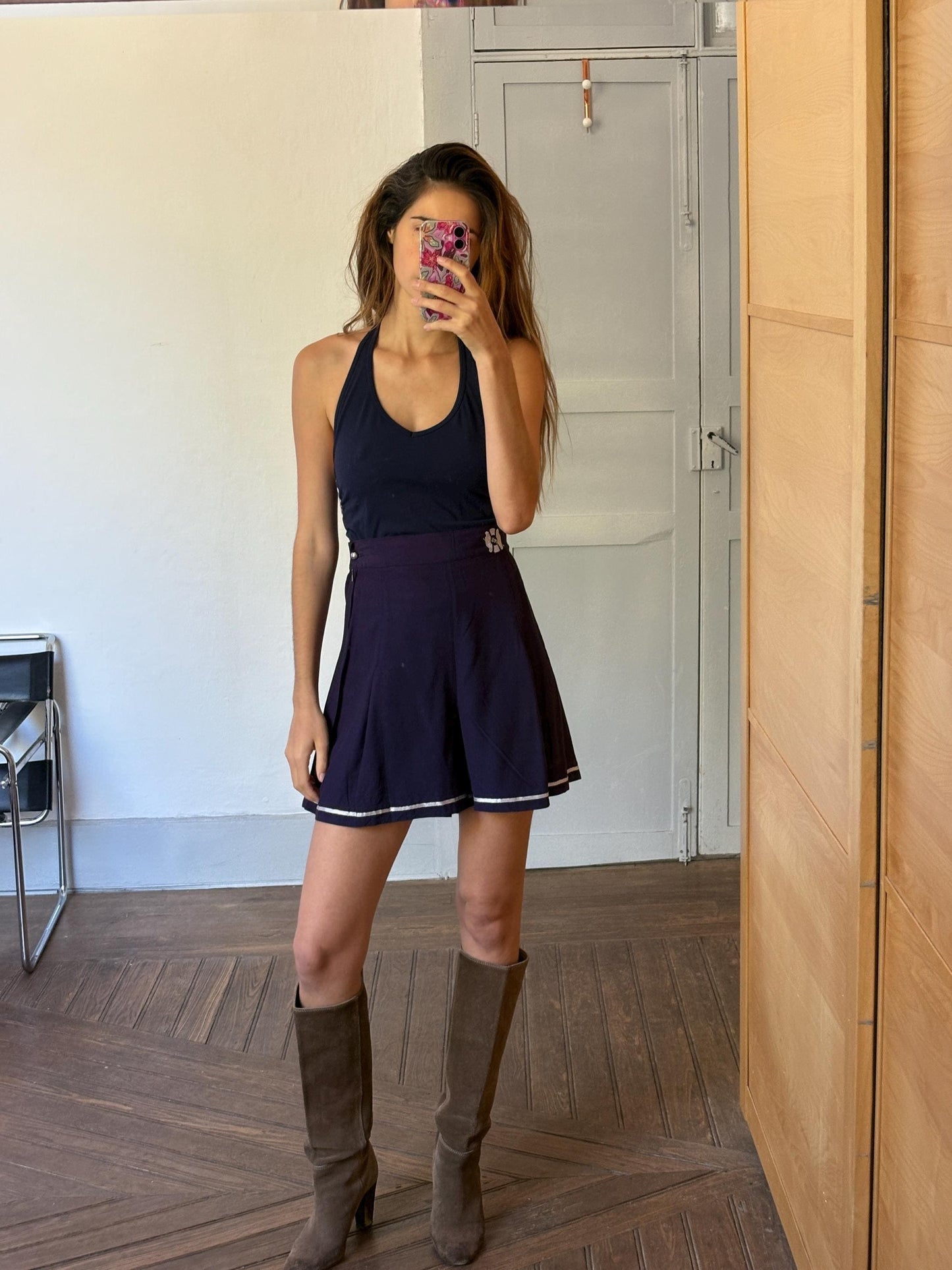 Vintage navy blue halter top, 90s tank, long bikini shirt