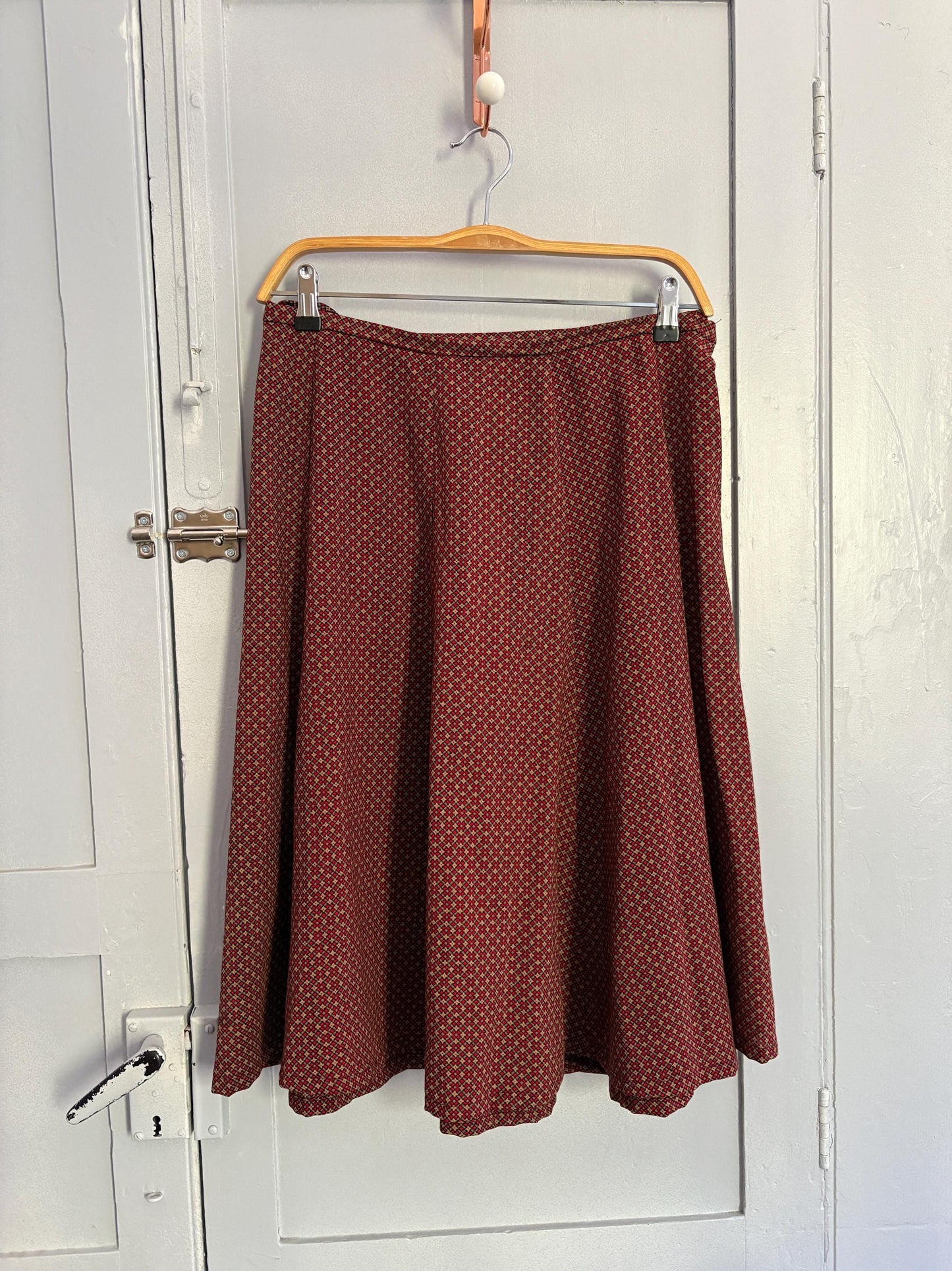 Vintage Cottagecore Midi Skirt | Red Beige Micro Pattern | Handmade 70s Academia Look